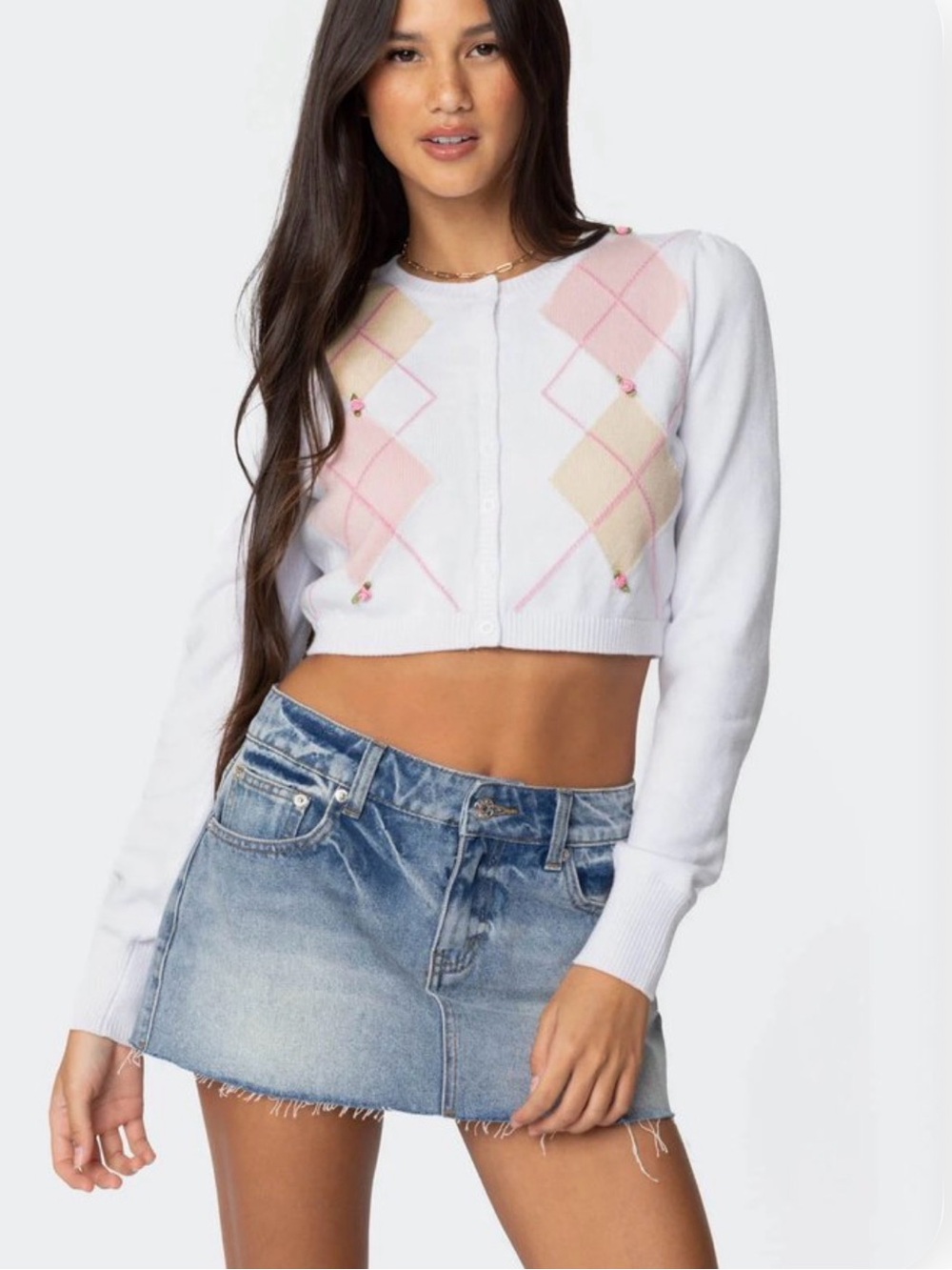 Edikted Francis Cropped Argyle Knit Cardigan